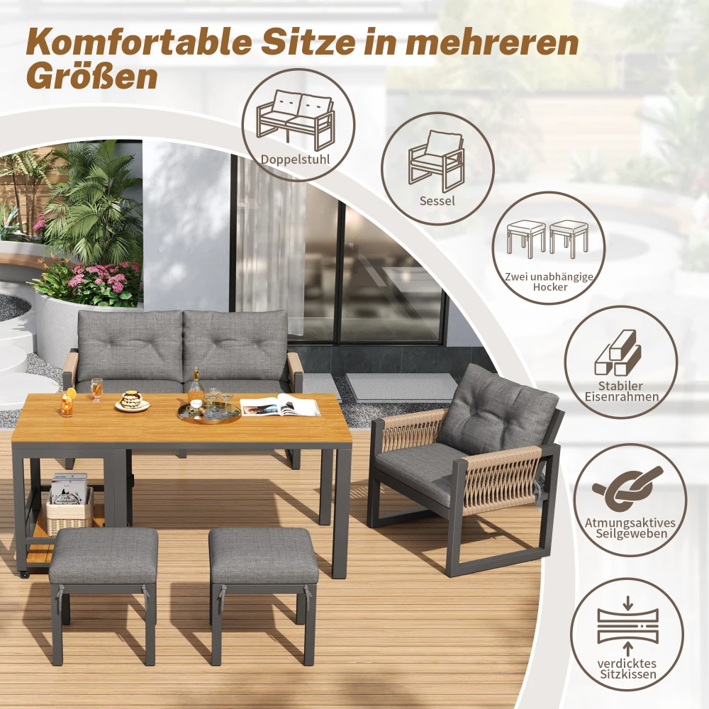 Modernes Outdoor-Mehrsitzer-Sofa-Set mit Eisenrahmen, Geflochtenen Armlehnen, Weichen Sitzkissen & Multifunktionalem Tisch – Detail 15