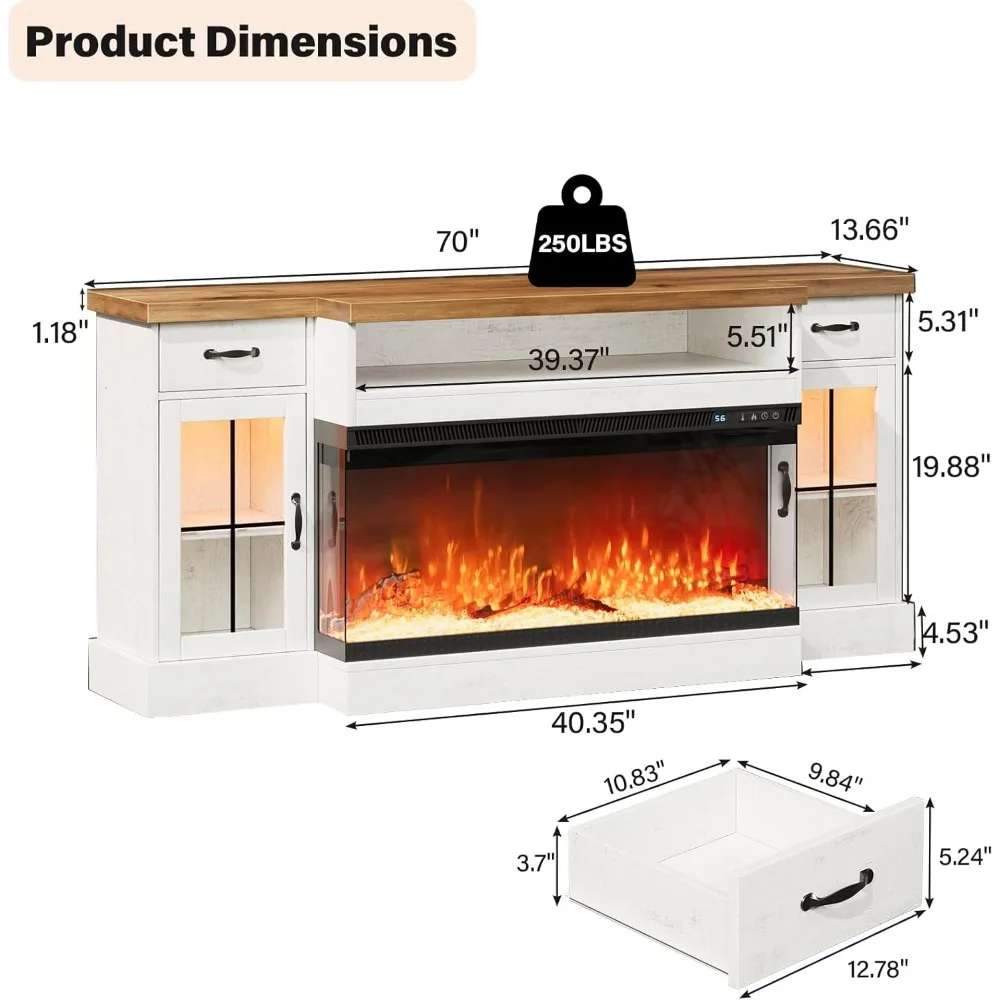 Fireplace TV Stand with 40" Electric Fireplace for 80" TV, 70" Fireplace Center with Adjustable Storage Cabinets, 2 Drawers 2