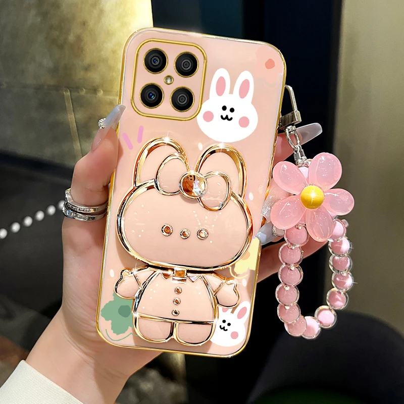 Luxury Floral Rabbit Makeup Mirror Phone Holder Case - Elegant Stand Back Cover