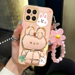Luxury Floral Rabbit Makeup Mirror Phone Holder Case - Elegant Stand Back Cover for Honor X30i (Pink)