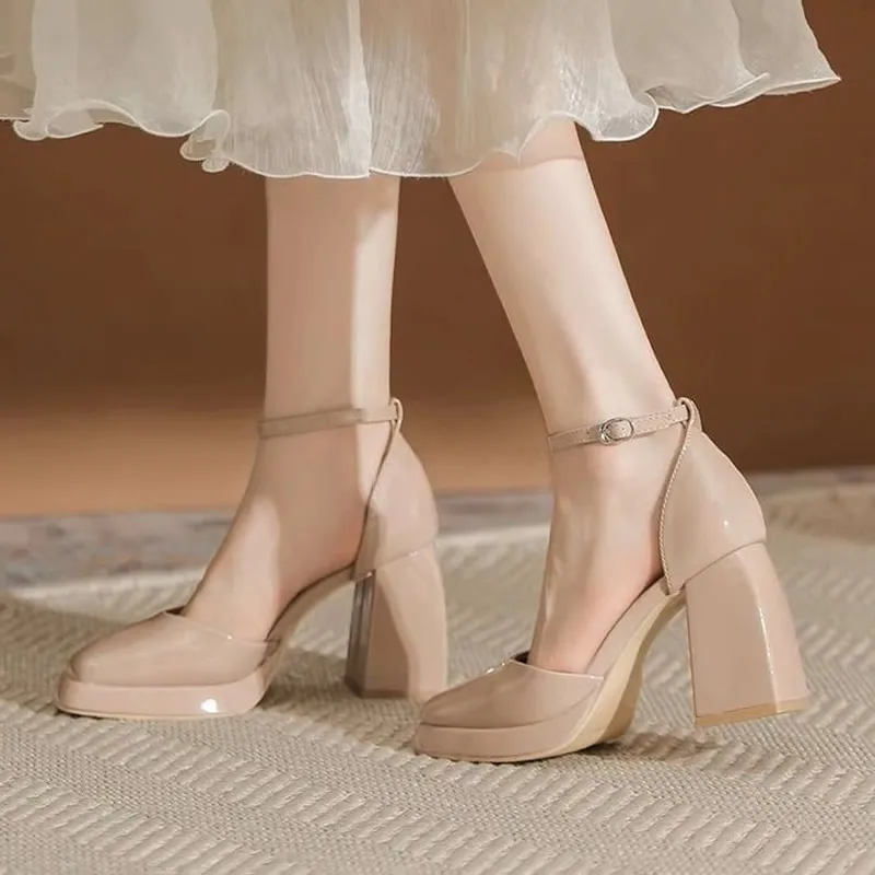 Closed Shoes Hollow 2024 Platform Heels Brief Pumps Square Toe Chunky Sandals Latest Footwear Shallow Mouth Straps Fine Beige