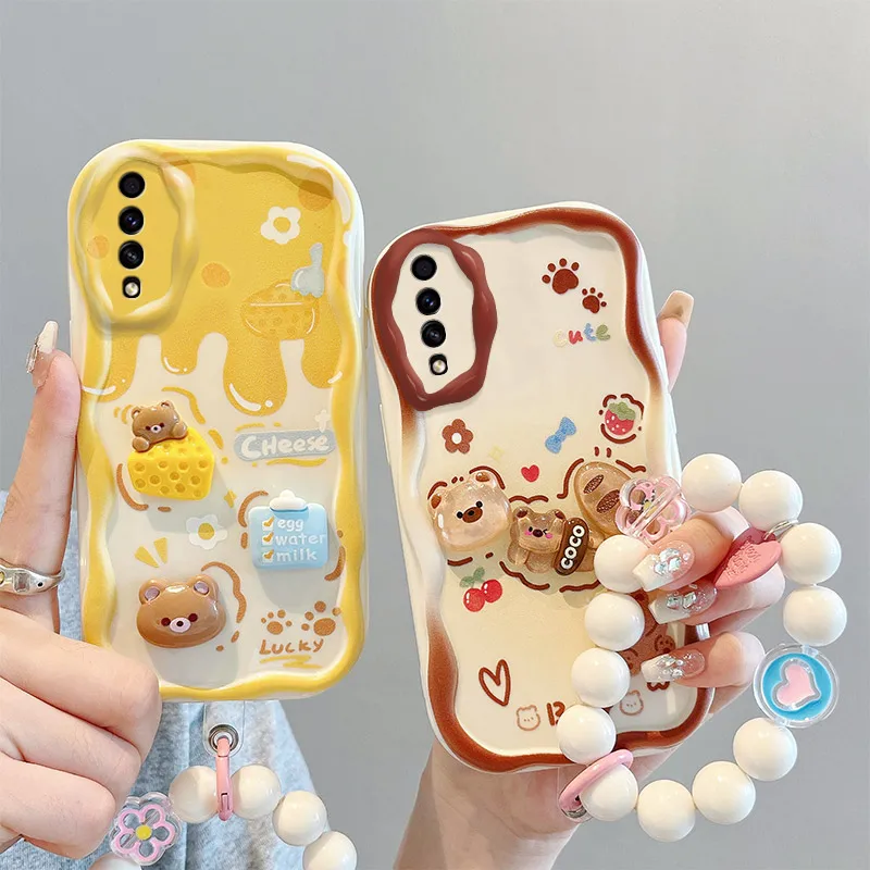 3D Cartoon Cute Bear Bracelet Phone Case For Samsung Galaxy A50 A30s A20s A10s M54 M32 M22 M12 M11 Cream Cake Soft Wave Cover_voghion.com