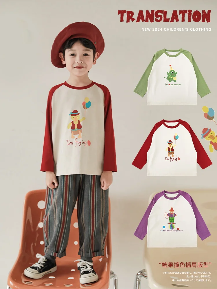 

Spring New Boys Cartoon Print Color Contrast Raglan Sleeve Loose T-shirt Children's Round Neck Handsome Top Trendy