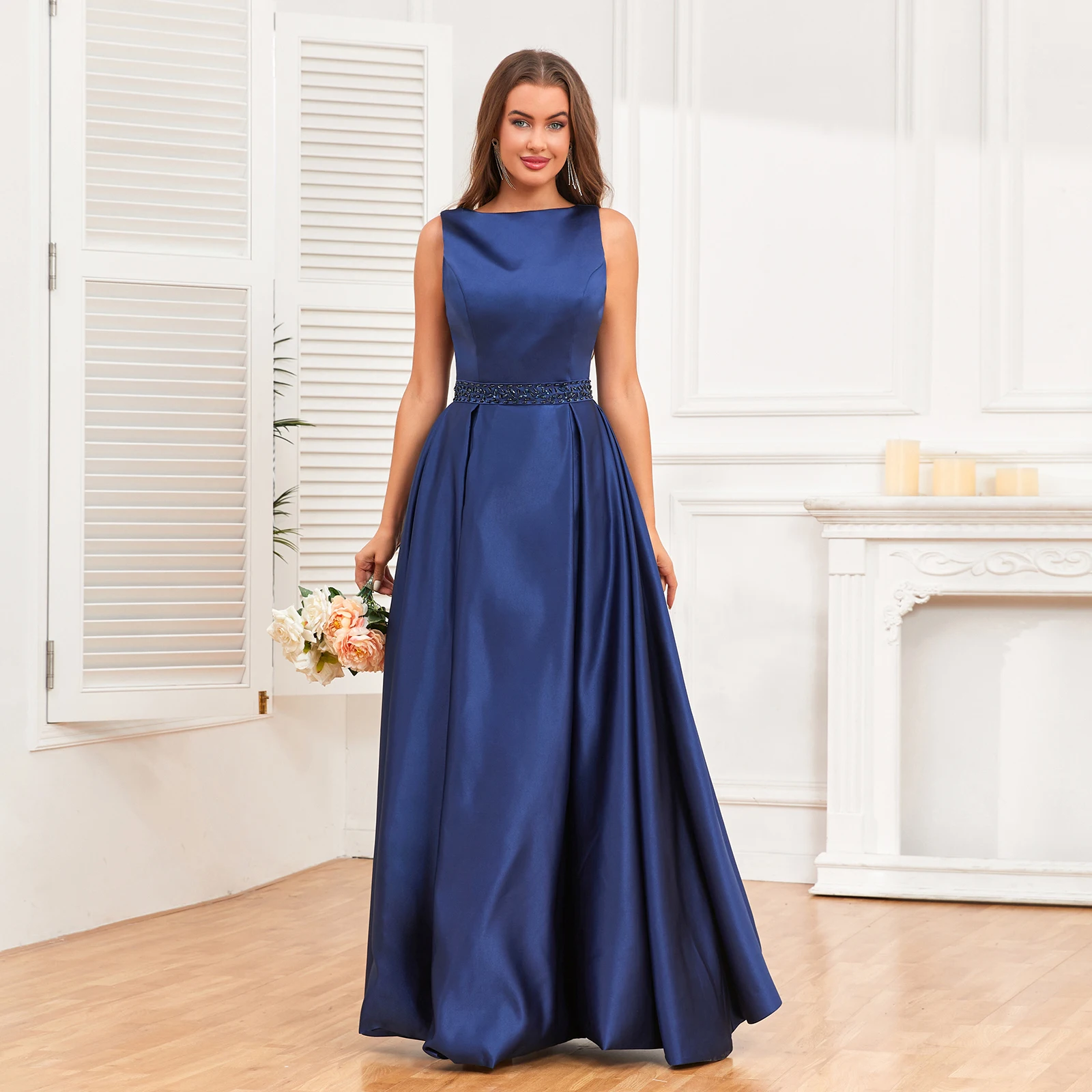 Custom Made Scoop Neck Tulle Applique Beads Formal Evening Gown Short  Sleeve Dark Blue Evening Dresses Long vestidos de fiesta - AliExpress