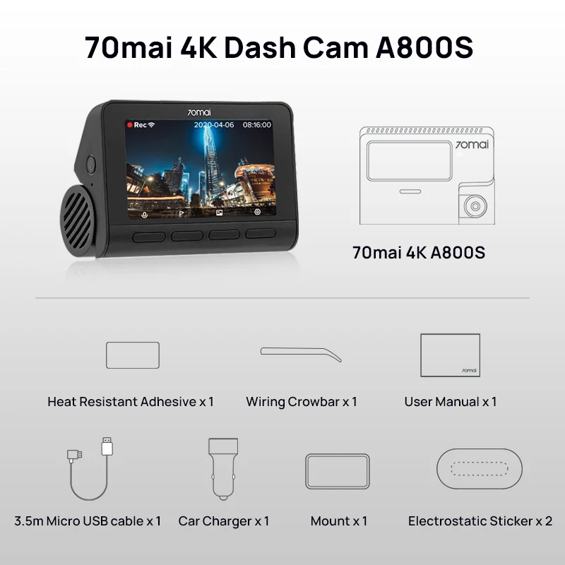 70mai 4K Dash Cam A800S Built In GPS ADAS Parking Mo.DVR Car W Inter/Rear  Camera