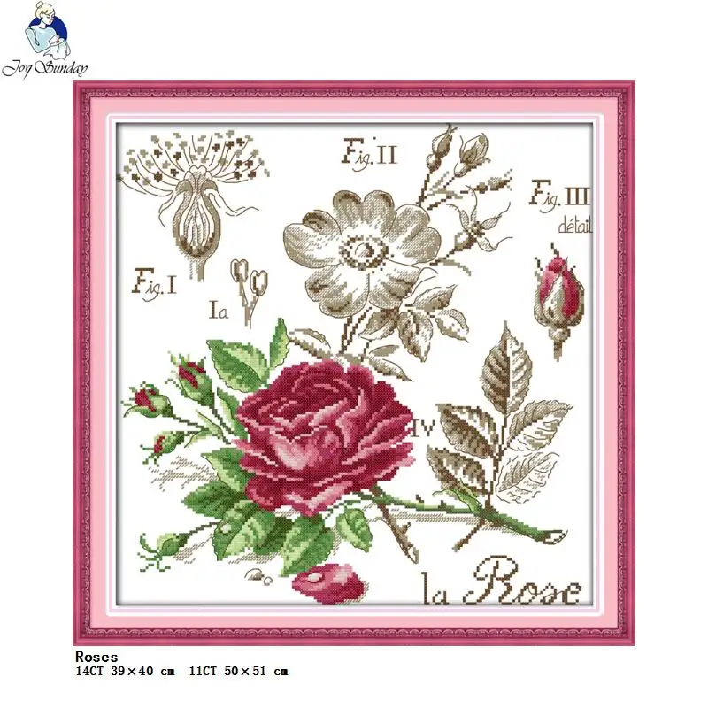 Joy Sunday Flower Pattern Rose Cross Stitch Set 14CT Count 11CT White Cloth Printing Needle And Thread Embroidery Kit Home Decor cross stitch kit,cross stitch tools