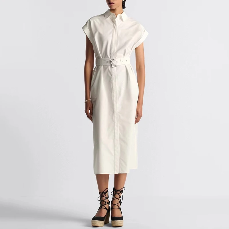 

Women's Belt Decoration Shirt Dress,French Fashion Classic,High Quality Cotton Dress,Y2K,2024,Summer,new