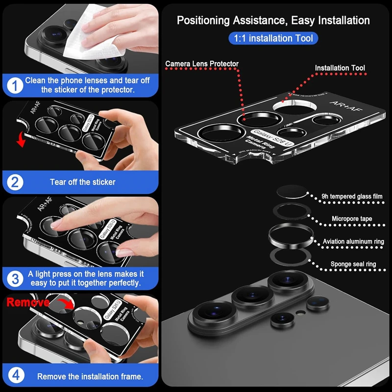 Premium Tempered Glass Anti-Scratch Metal Ring Camera Lens Protector Film