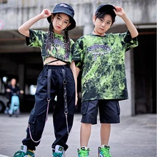  Boys Street Dance Costume Festival Clothing Summer Dye Tie Tops Cargo Pants Girls Jazz Dancewear Hip Hop Dance Outfit VDB5293 