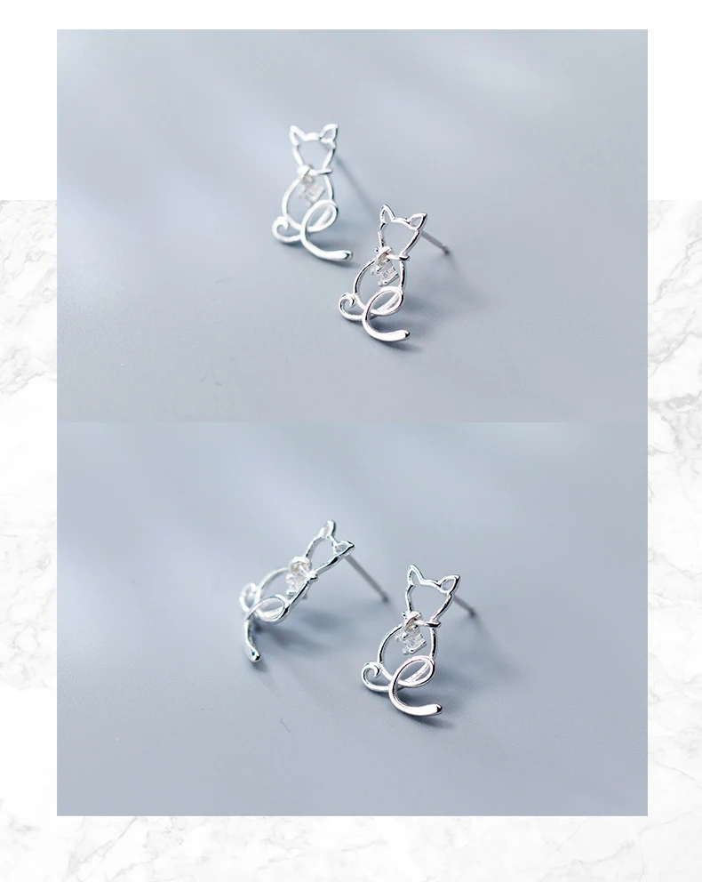 Classic Clear CZ Line Animal Cats Stud Earrings Romantic Female 925 Sterling Silver Jewelry For Women - PeticaDeals