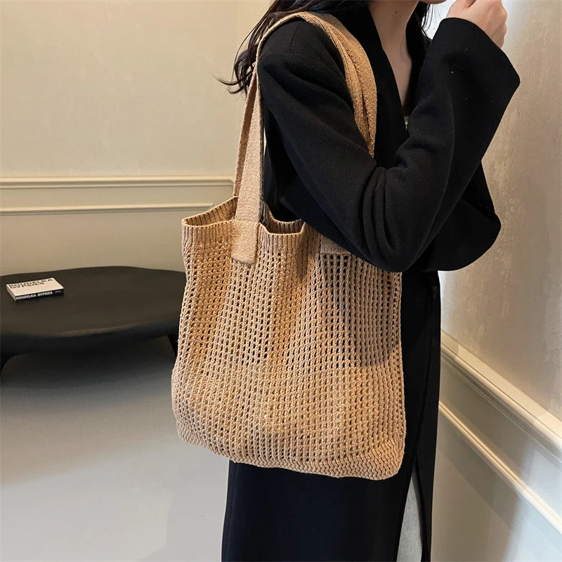 Women Shoulder Bags Large Capacity Crochet Tote Bag Fashion New Knitting Handbags Female Hollow Woven Shopping Bag