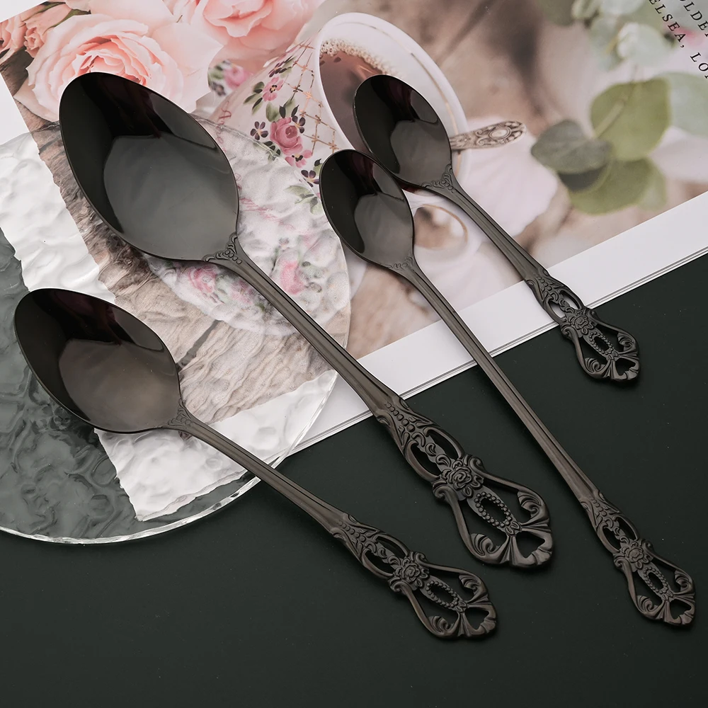 Western Black Stainless Steel Royal Dinnerware Cutlery Set Dinnerware Food Tableware Knife Fork Spoon Ice Spoon Flatware Gift