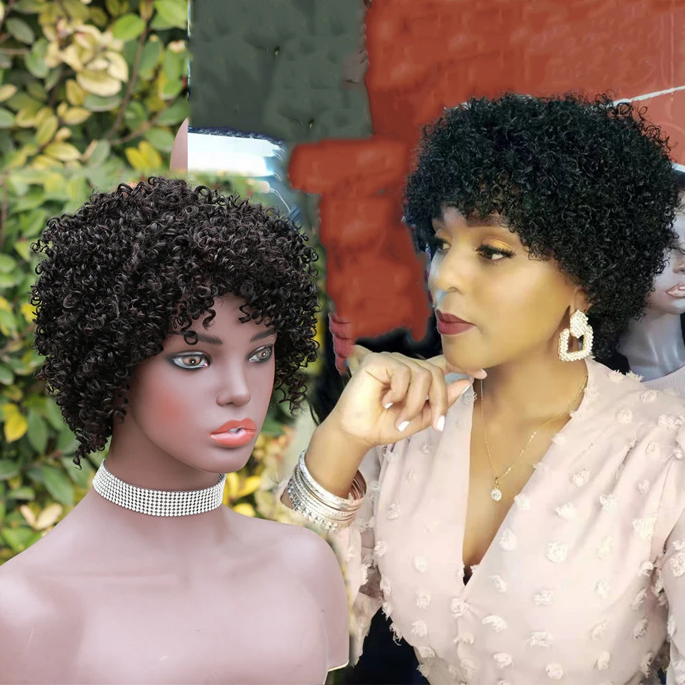 Pixie 곱슬 인모 가발, 앞머리 기계, 실제 인모 가발, 브라질 아프로 킨키 컬, 여성용 천연 헤어