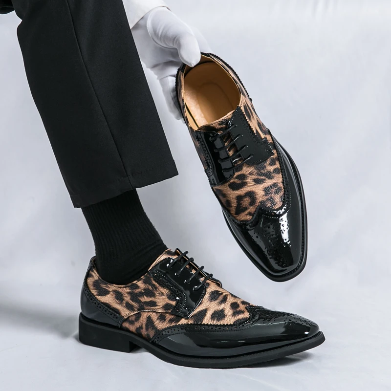 Men's lace-up leopard print leather shoes slip-on business casual loafers Hair Stylist Nightclub 46 47 48 Extra size
