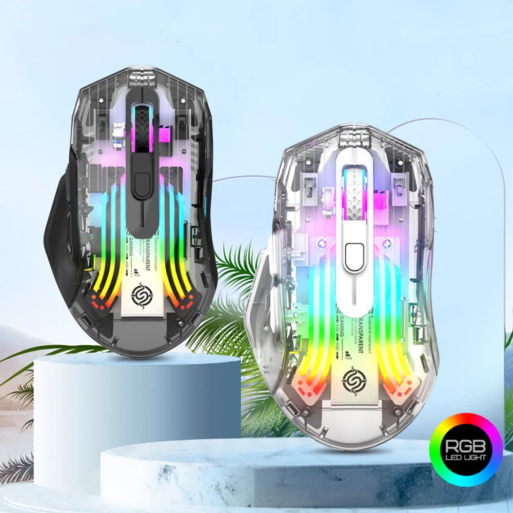 Transparent Multi-Mode Wireless Gaming Mouse with Bluetooth and USB-C Connectivity
