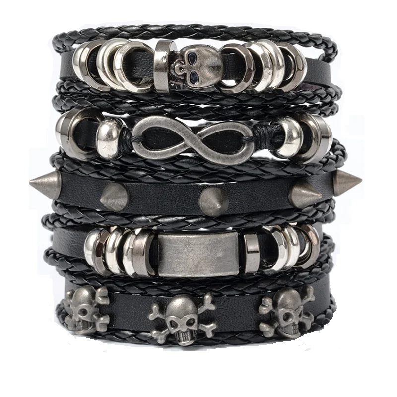 leather bracelets Punk Multilayer Antique Leather Bracelet Set Skull Eye Star Charms Hiphop Rock Y2K Vintage Pu Gothic Wristband Man Goth Jewelry