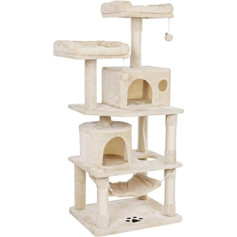 

Plush Perches Tower for Cats Scratcher Cat Tree With Sisal Scratching Posts 2 Condos Jingly Balls and Hammock Beds and Furniture