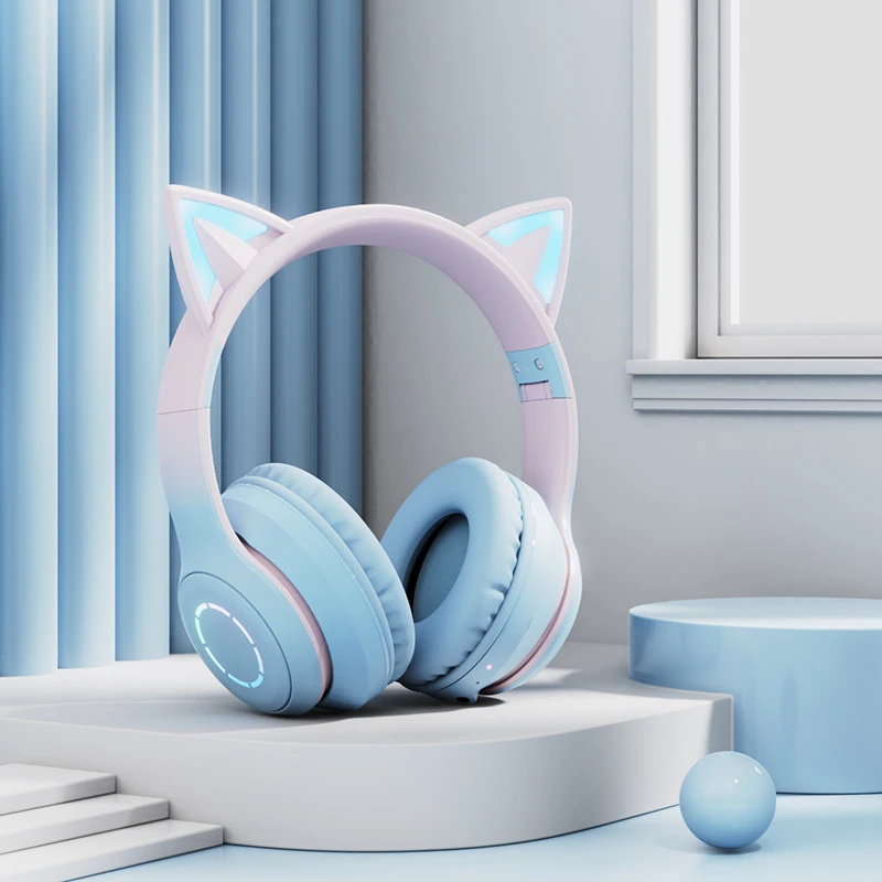 Pink Blue Cat Ear Headset Gamer Girl Kitty Headphones for Children Wireless Bluetooth Headset