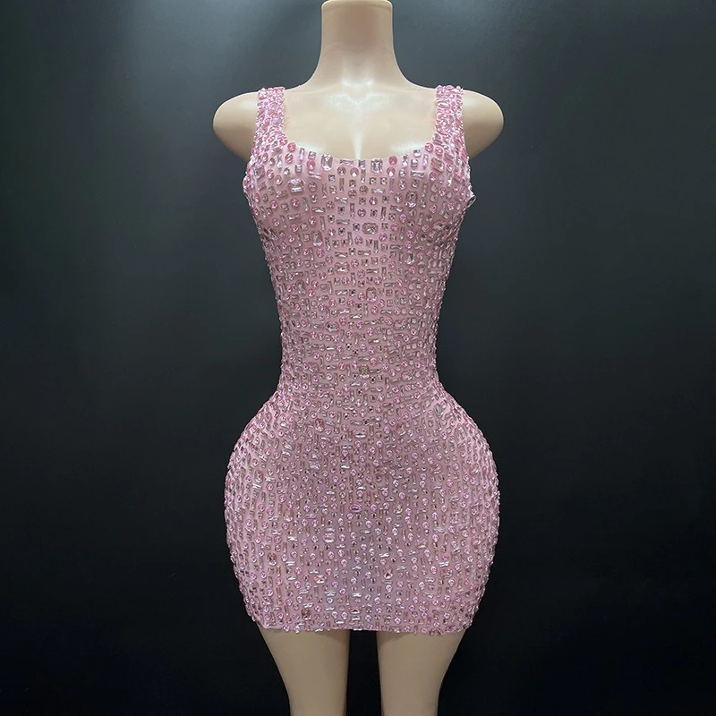 Pink Short Diamond Party Dress - Sweet Cool Wind Stage Outfit for Music Festival Singer Uniform & Birthday Celebrations vestito