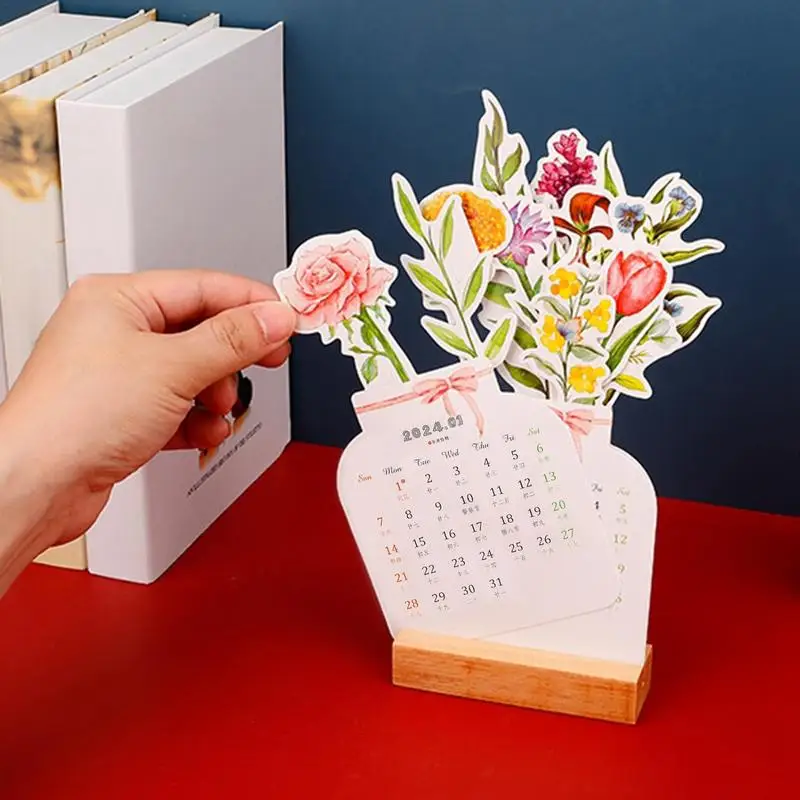 Bloomy Flowers Desk Calendar Creative Vase Shaped Calendar New Year Monthly Planner Home Office Desk Decor Gift