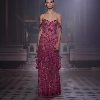 Serene Hill 2026 Luxury Fuchsia Arabic Beaded A-Line Evening Dress With Tassels For Formal Wedding Party LA73594 Customized 1