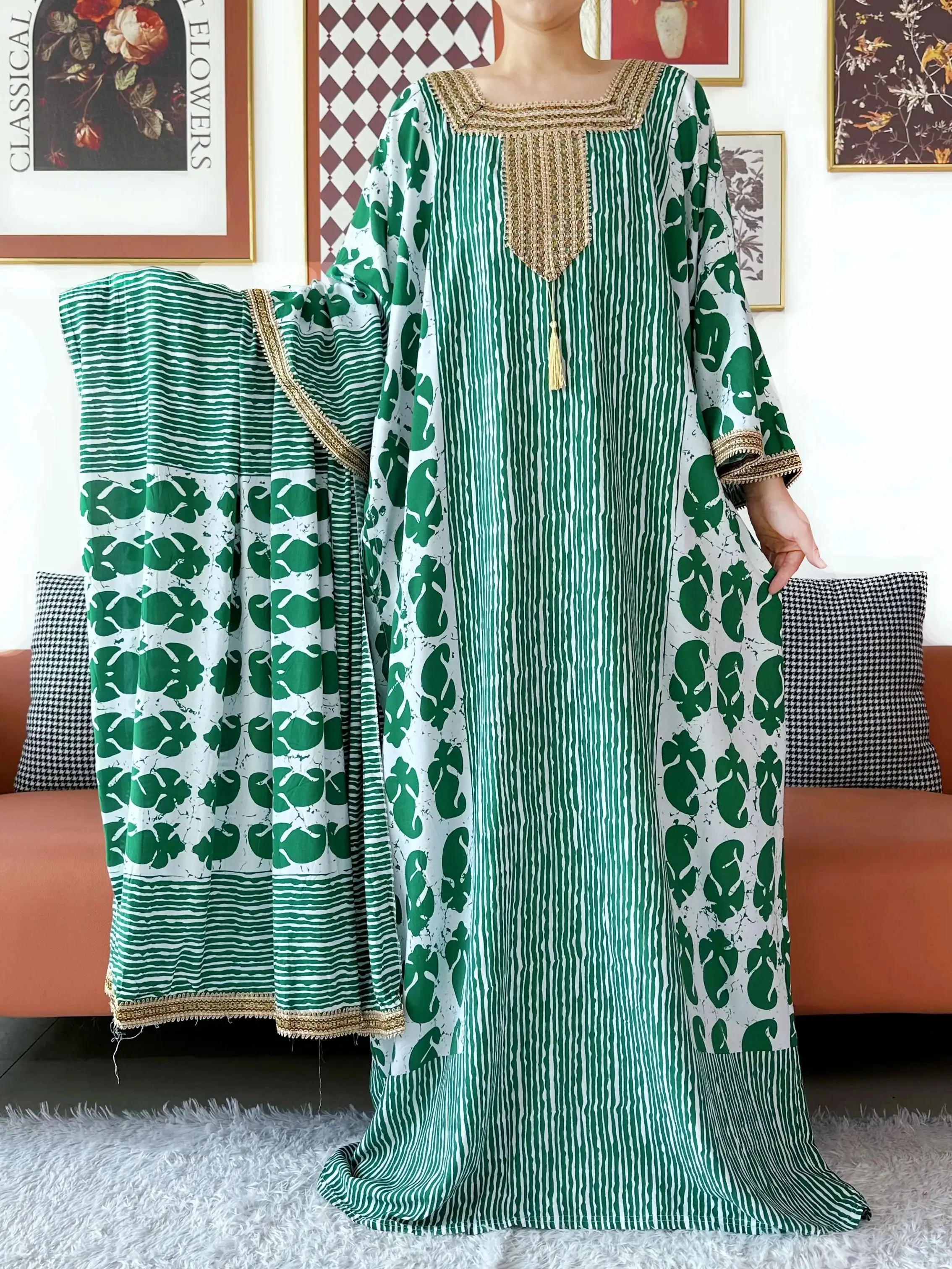 2025 Elegant Abaya Dress Bat Sleeves Off-Shoulder Kaftan Cotton Women Loose Abaya Boho Maxi Dress Casual Dress African Vestidos 6