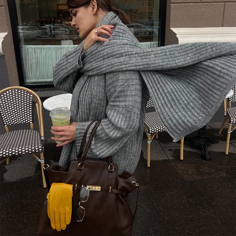 Conjunto de pantalón holgado de punto burdeos y rojo con bufanda para mujer, jersey de manga larga con cuello en V, pantalones anchos y largos, trajes para mujer.