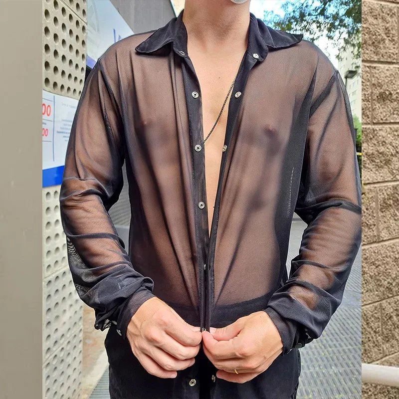 

Men Shirts Spring Casual Perspective Top Slim Fashion Long Sleeve Sexy Shirt Men's Solid Shirt Single Breasted Camisa Masculina
