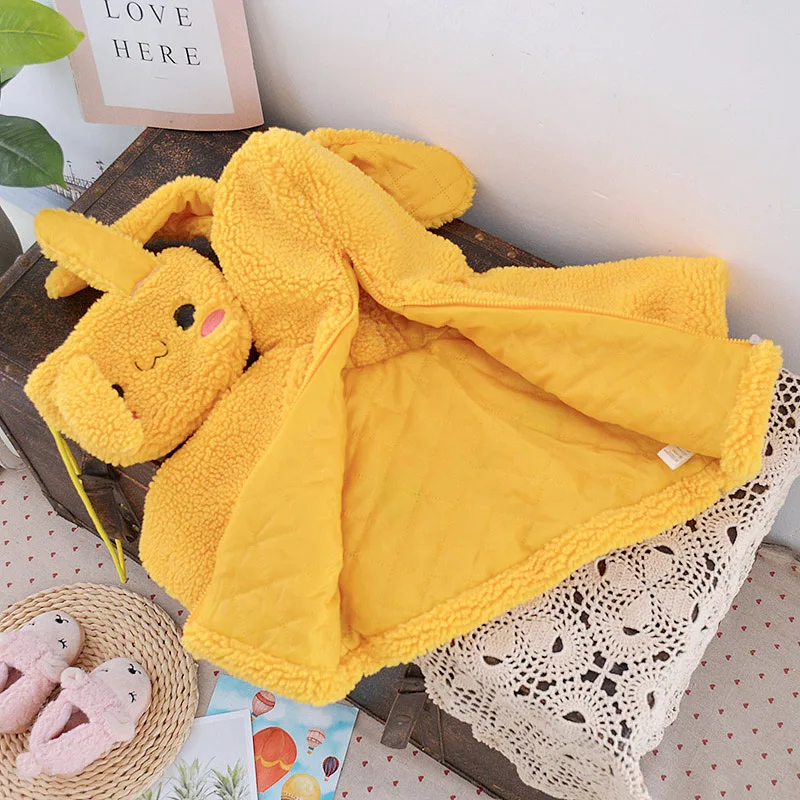 Winter Baby Girl Coat Cute Long Eared Rabbit Carrot Hoodie Warm Long Sleeve Back Zipper Cotton Coat Comes with Crossbody Bag