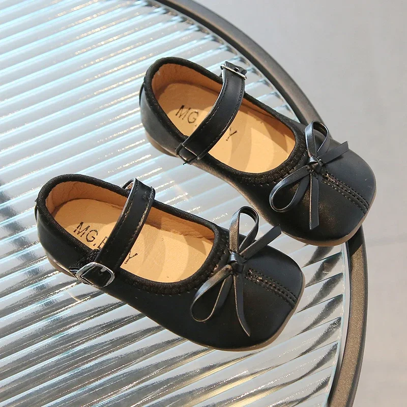 Spring Autumn Girls Princess Shoes Butterfly Mary Janes White Black Leather Shoes For Kids Flats Child Single Shoe Baby Toddlers