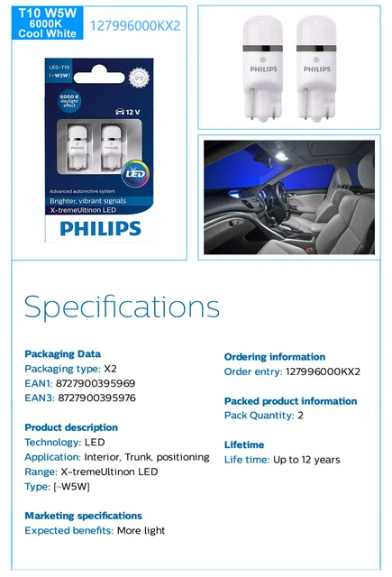 Philips Rephilips Led T10 W5w Signal Bulbs 4000k-8000k - Universal Car  Interior & Exterior Lamps