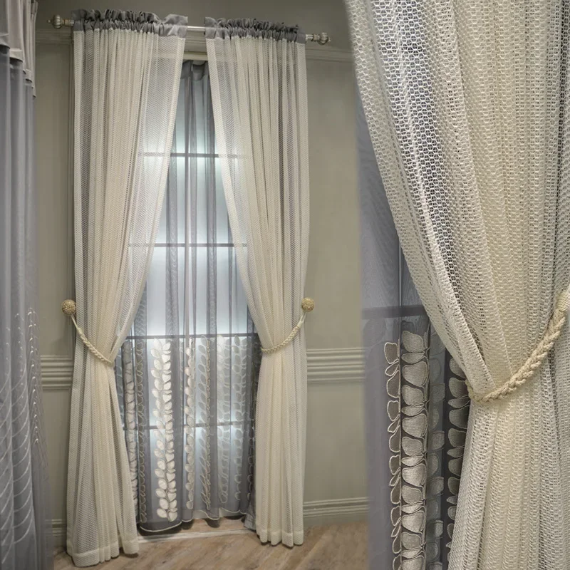 

Modern European Curtains Tulle for Living Room Bedroom Grid Embroidered Jacquard Double Layer Perspective Curtain