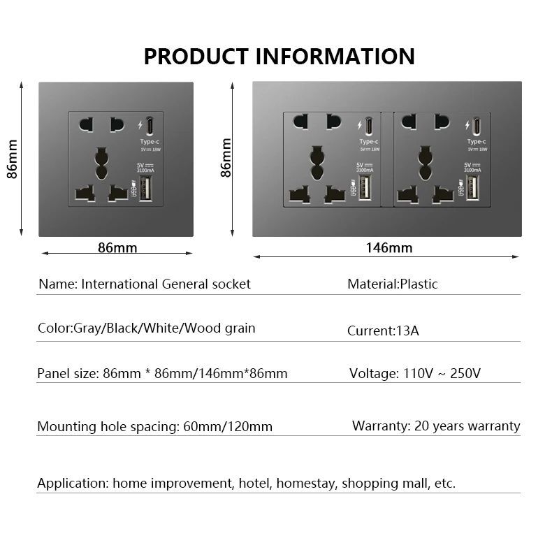Universal USB Tipo-C Tomada de Parede Painel,