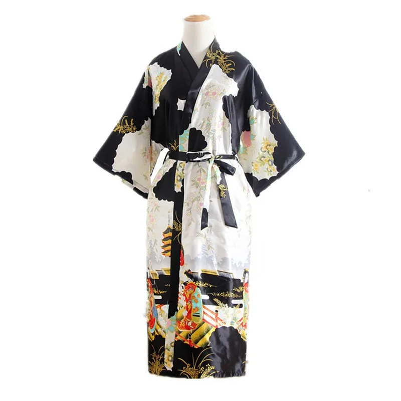 Japanese Kimono Style Cardigan Satin Bathrobe Long Pajamas Night Robe Yukata For Women Japanese Clothes Peacock Print japanese kimono,japanese kimono cardigan