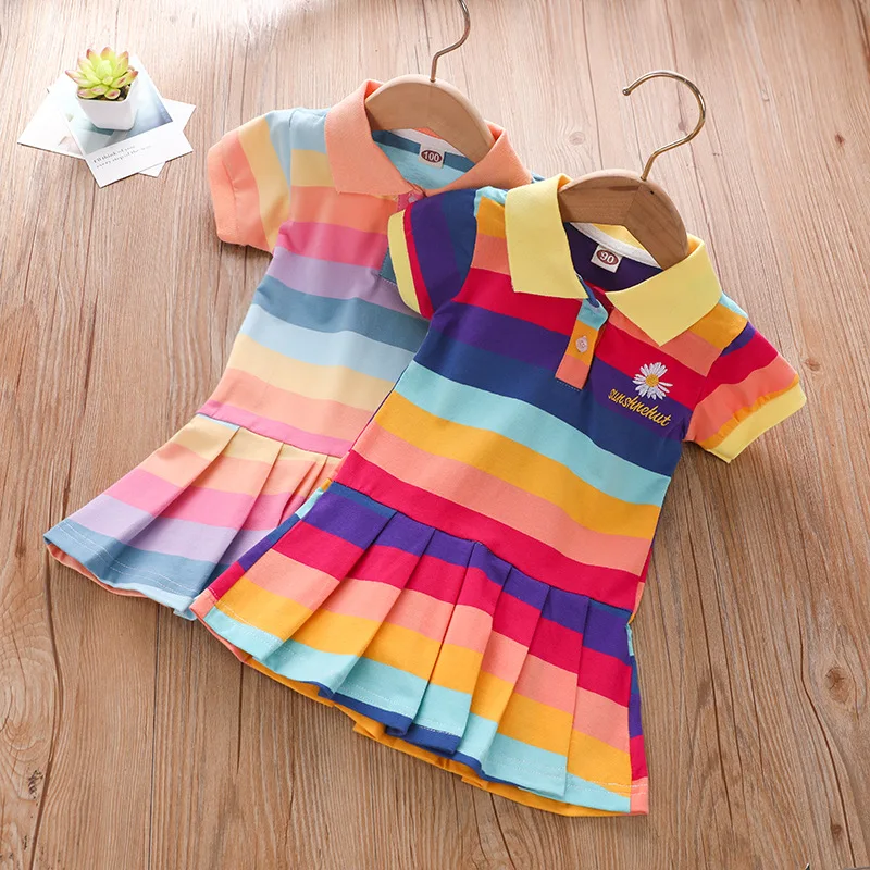 

Girls Rainbow Pleated Dress Spring Summer Turn-Down Collar Kids Clothes Fashion Baby Girls Polo Clothing