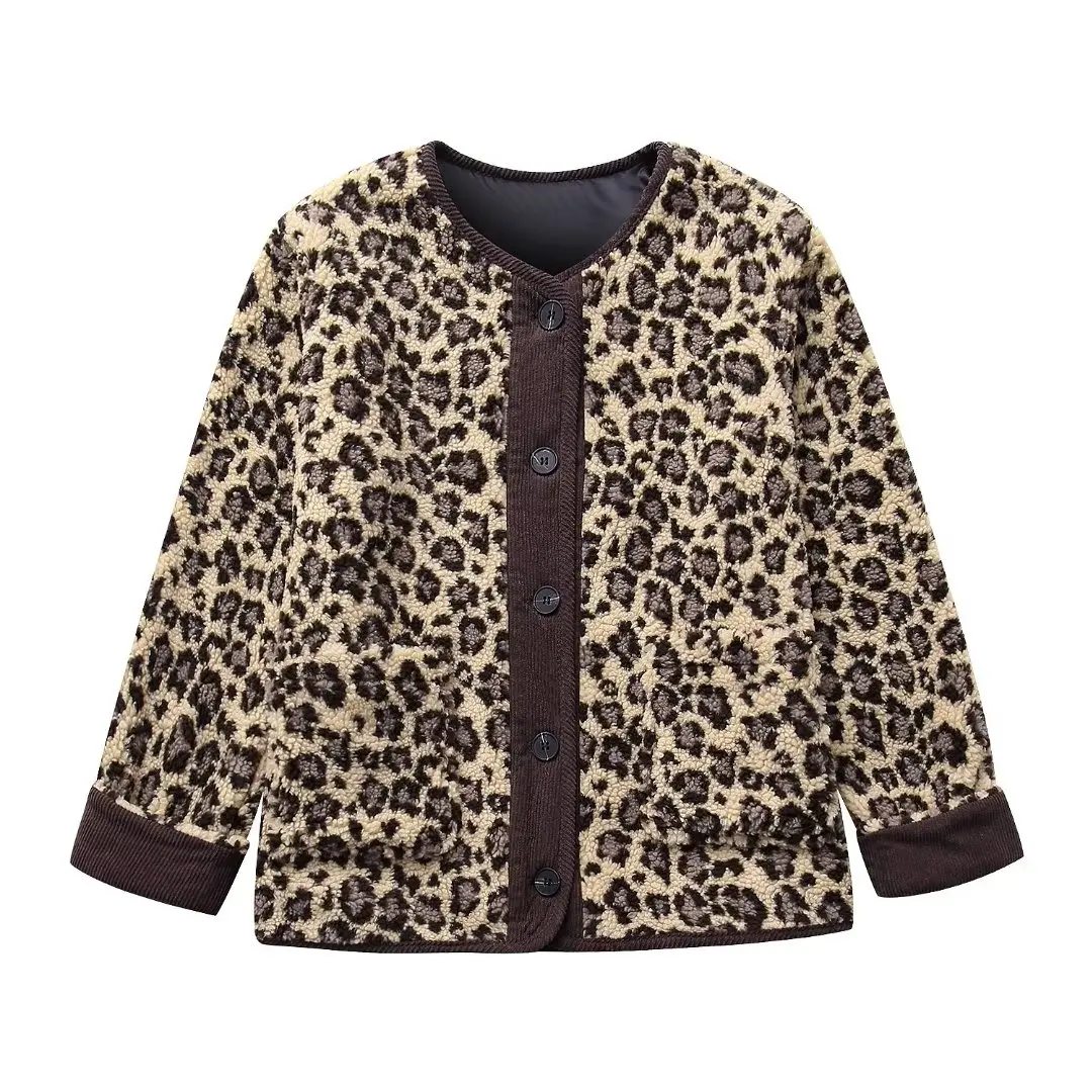 

Women New Fashion Leopard Print Jacket Coat Vintage O-Neck Long Sleeve Button Pocket All-Match Casual Female Outerwear Chic Tops