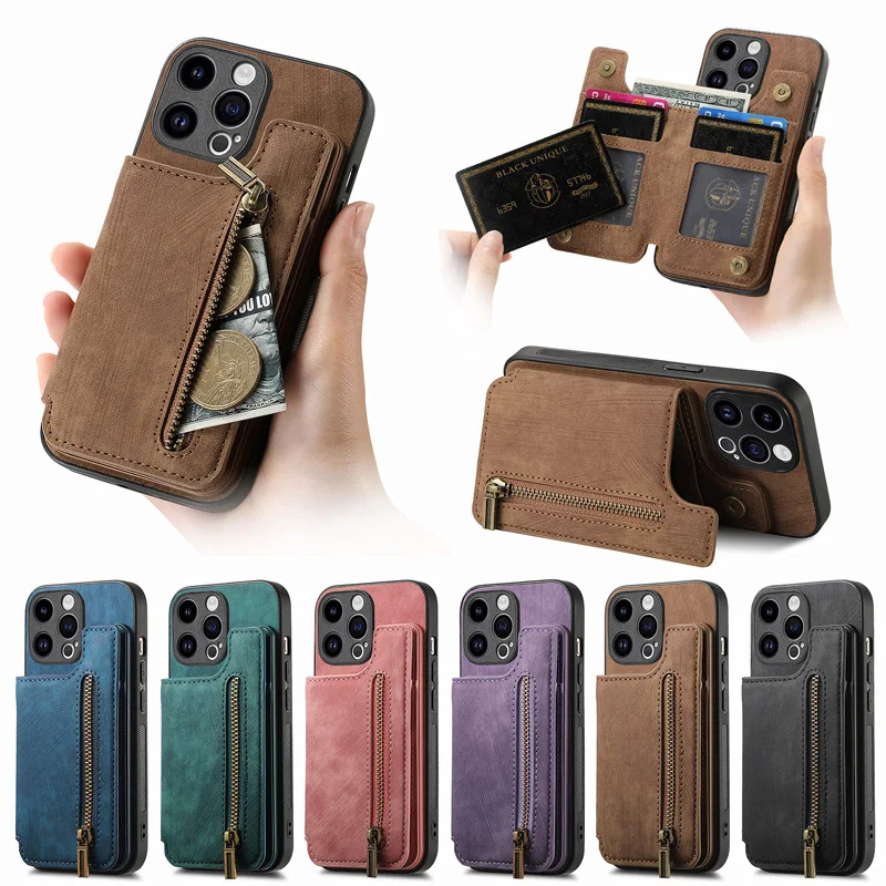 Retro Leather Zipper Wallet Phone Case with Multi Card and Cash Slots