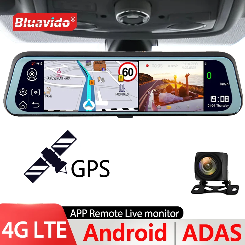 

Видеорегистратор-зеркало Bluavido, 10 дюймов, 4G, Android 8,1, GPS-навигатор, камера заднего вида ADAS, AHD 1080P, видеорегистратор с двумя объективами