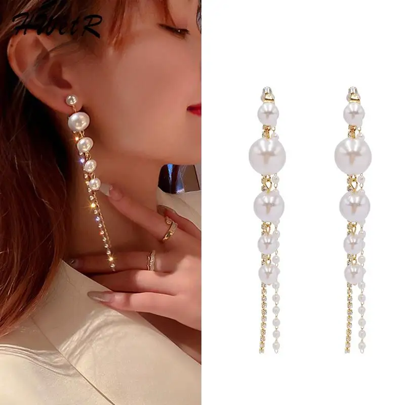 

Elegant Long Dangle Earrings For Women Fashion Full Crystal Simulated Pearl Tassel Drop Earrings Vintage Jewelry