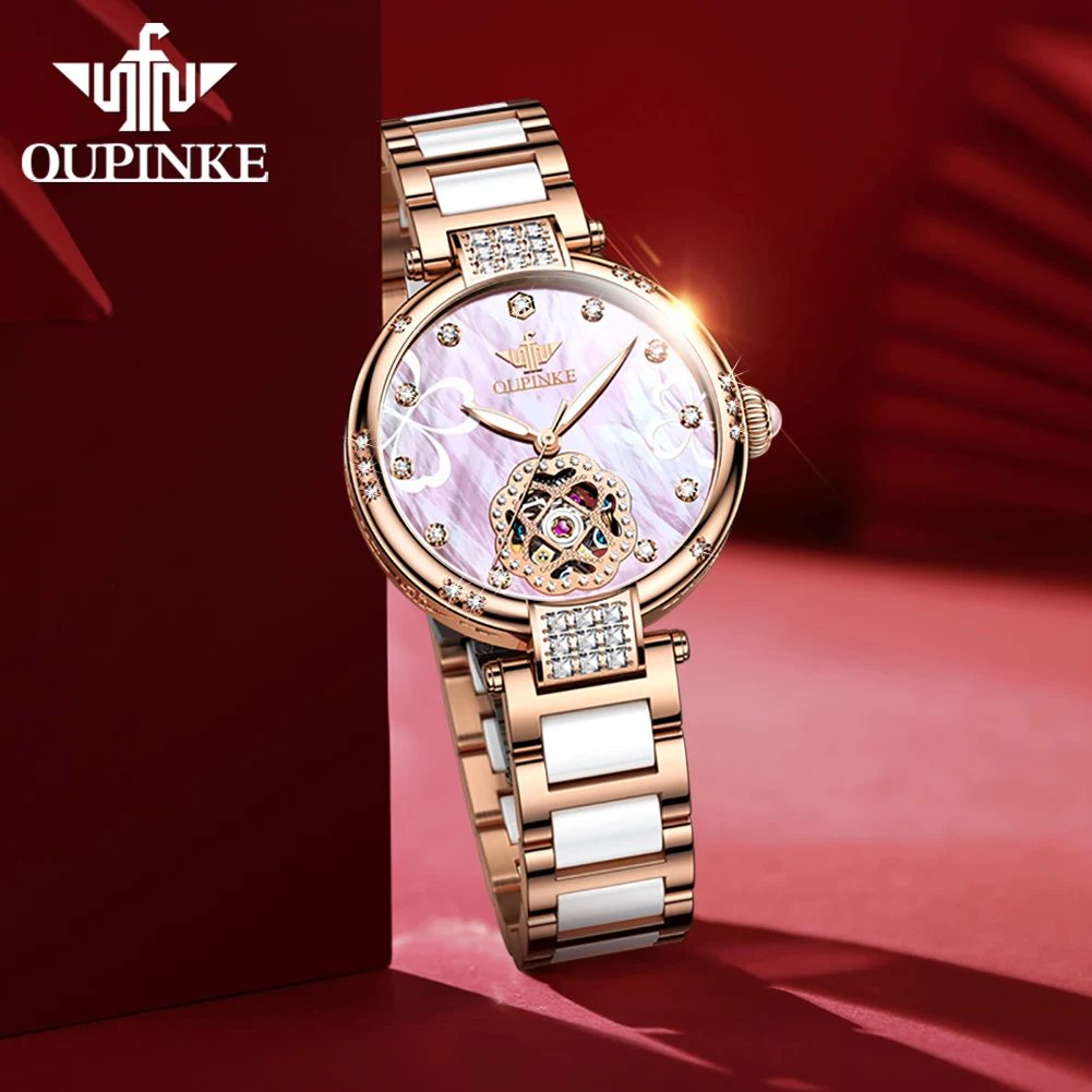 OUPINKE 3183 Women's Watches Original Hollow Automatic Mechanical Watch For Woman Luxury Ceramic Steel Strap Ladies Wristwatches