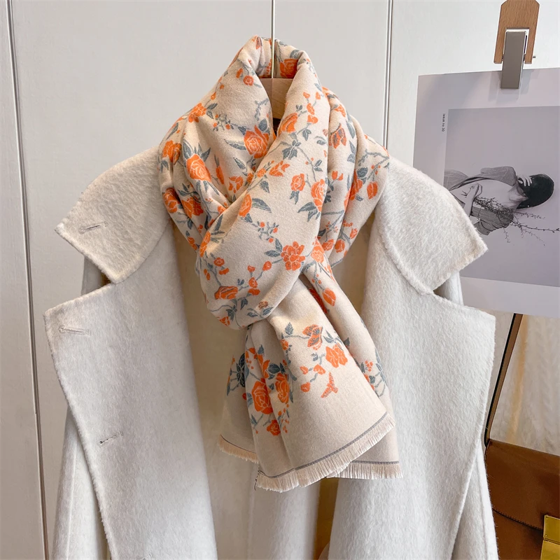 Dicker, warmer Winterschal aus Kaschmir für Damen, geometrischer Druck, Pashmina-Poncho, Schal mit Quaste, lässiger Bufanda_voghion.com