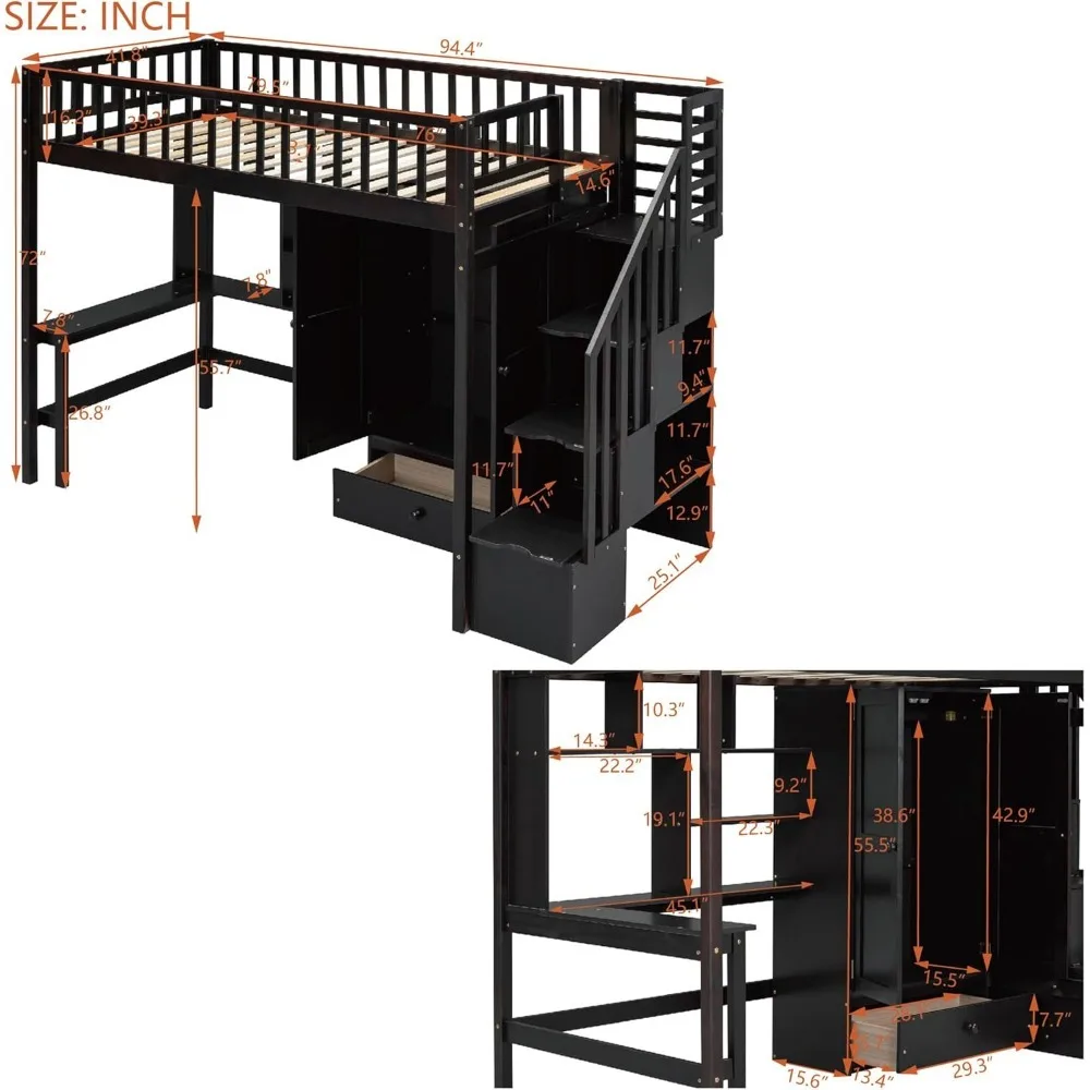 Twin Size Multifunctional Loft Bed with Wardrobe,Desk,Bookshelf and Drawers,Wood Loft Bed with Stairway Children's Wardrobes 3