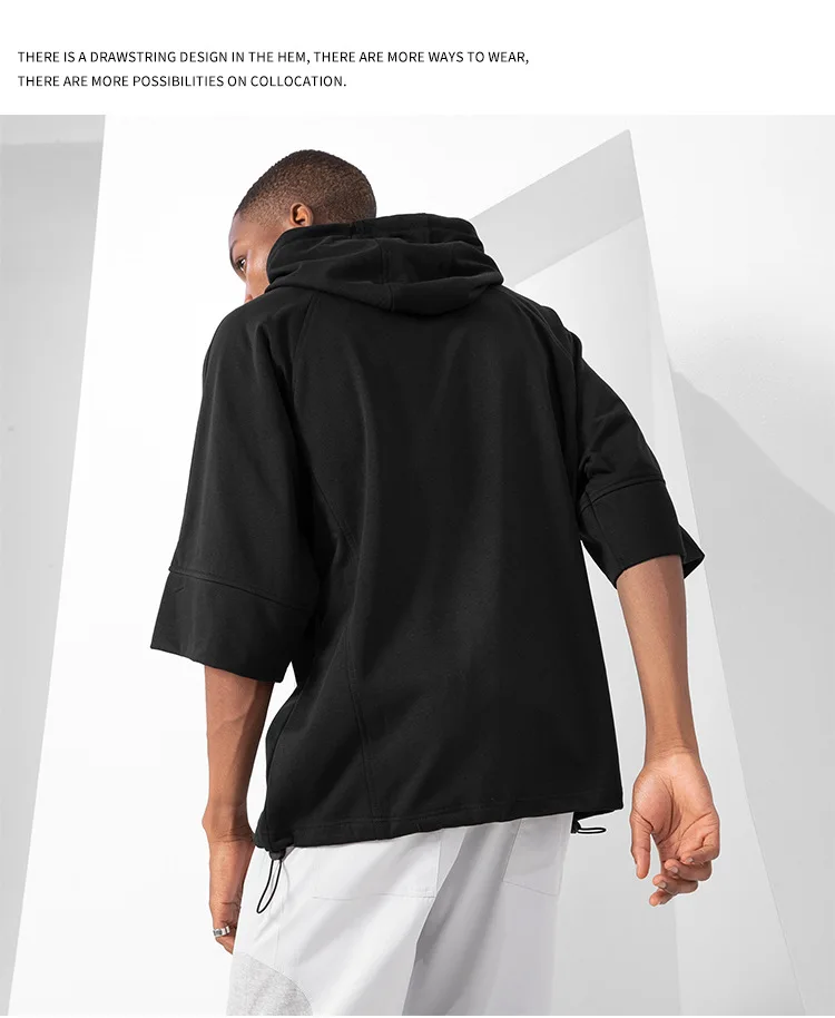 Loose-Fit Hoodie T-Shirt  Mens Summer Short Sleeve Loose Plus Size Xxxl Fashion Drawcord Hooded Drop Shoulder Tshirt Fitness Tees Sportswear Tops Hoodies for Man in Black