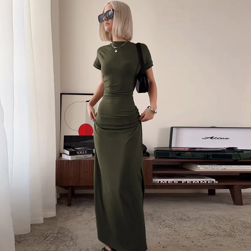 Women's Elegant O Neck Maxi Dress Short Sleeve Slim High Waist Shirring Dress Sexy Side Slit Evening Club Bodycon Dress Lady