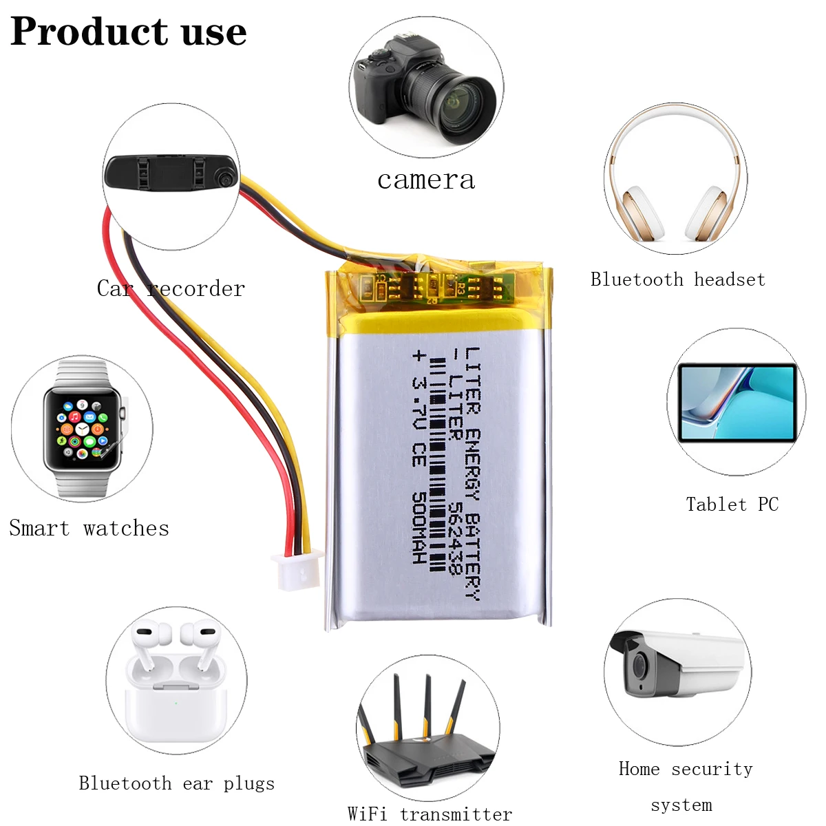 3.7V 500mAH 3 thread 562438 polymer lithium ion / Li-ion battery for Smart watch mp3 mp4 rechargeable lithium batteries