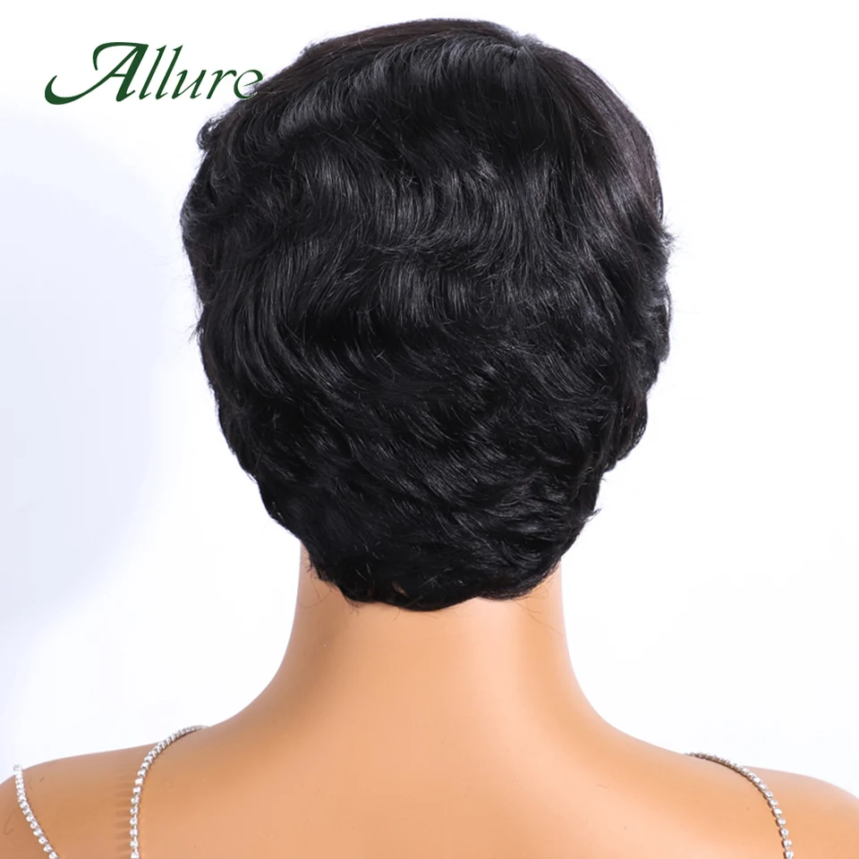 브라질리언 숏 스트레이트 픽시컷 인모 가발 앞머리 포함, 내추럴 블랙 컬러 머신메이드 여성용 가발, 매력적인 스타일