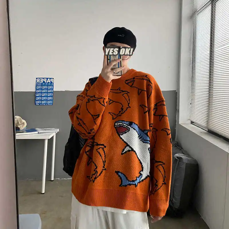 

Autumn and winter personality handsome sweater male loose Korean trend round neck knit INS Port wind pullover thread