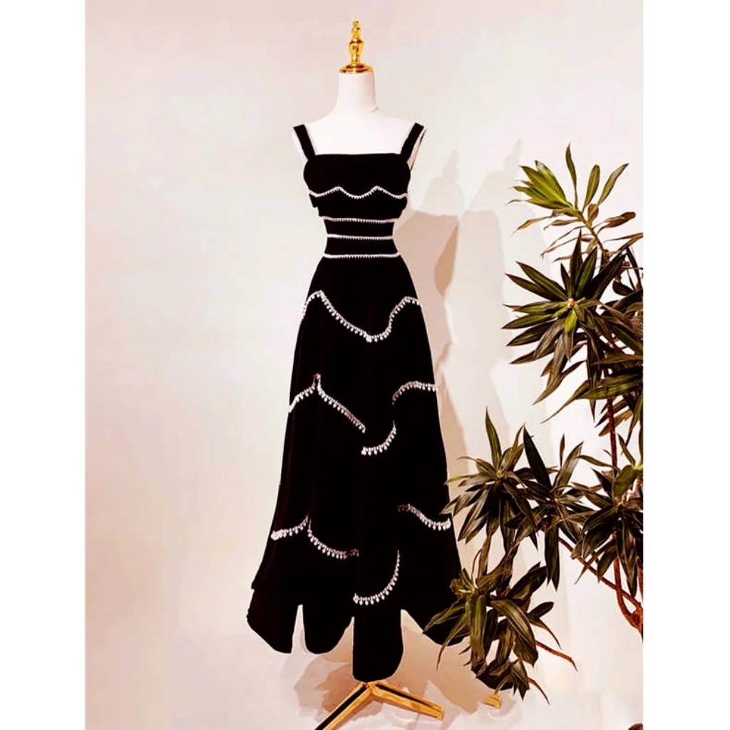 

Black Velvet Evening Dress Square Collar Beading Sleeveless Backless Elegant A Line Slim Waist Female Birthday Party Prom Gown