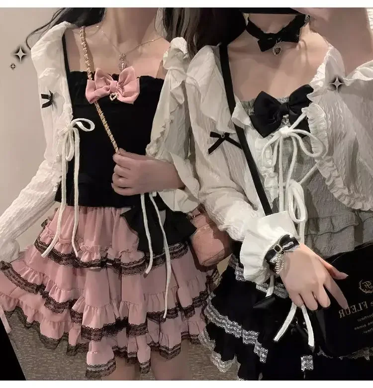 Japanese Kawaii Mini Cake Skirt Womens Black Casual Elegant Lolita Sexy High Waist Lace Y2k Aesthetic Sweet Gothic Faldas 5