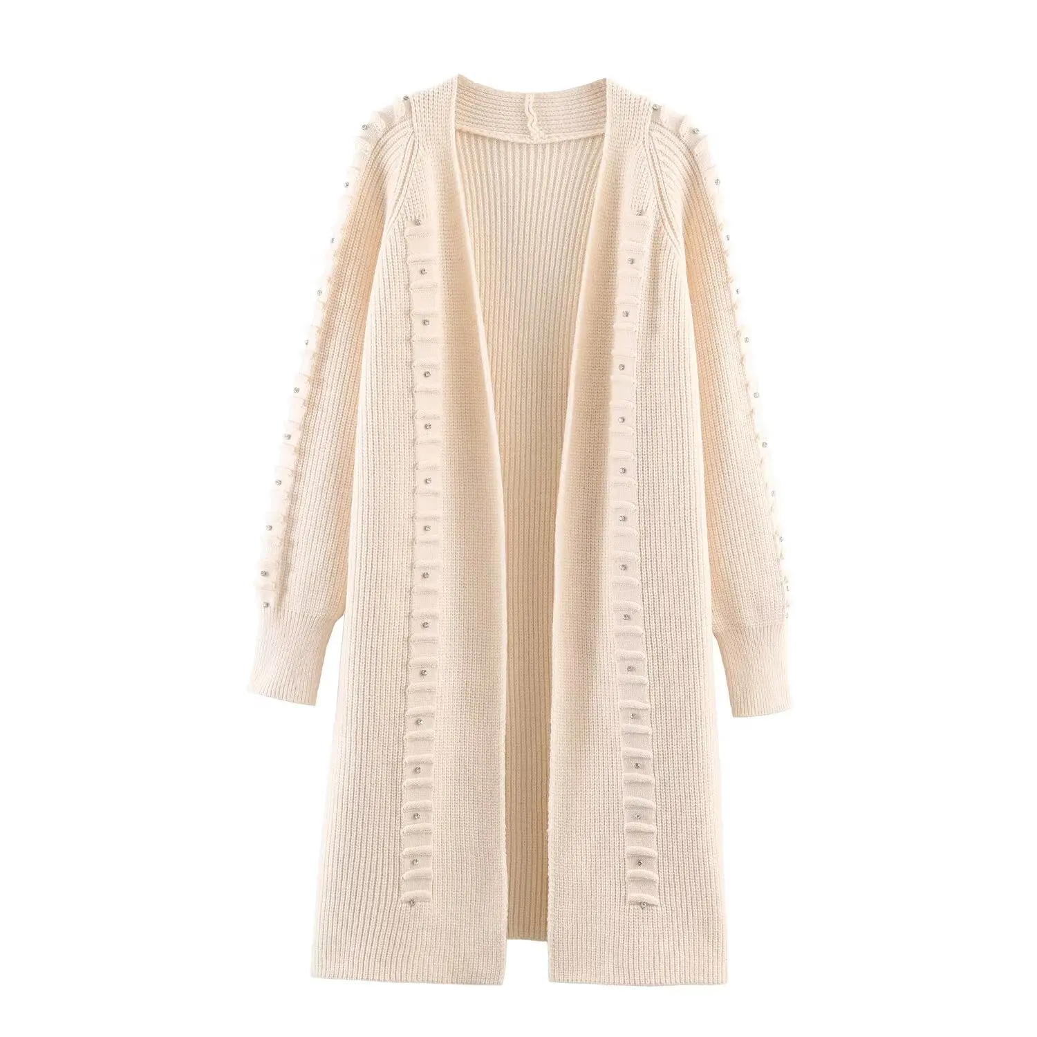 HH Damen Mode Nieten-Verzierung Langarm-Strickjacken Damen Herbst Schicke Strukturierte Einfarbige 5-Farben Hochelastische Strick-Langjacke – Detail 2